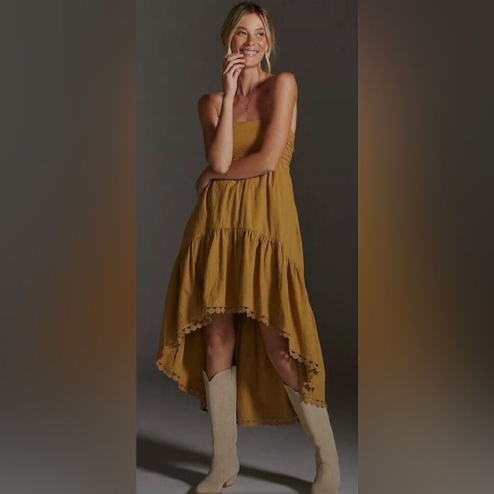 Maeve High-Low Tiered Strapless Midi Dress from Anthropologie, Size Medium